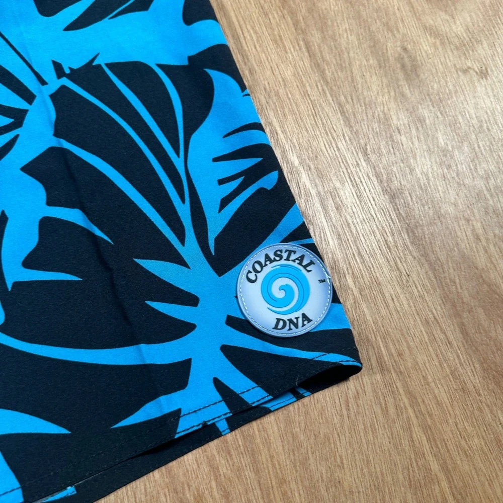 Coastal DNA Board Shorts Mens 32 Black Blue Tropical Palm Leaf 4-Way Stretch